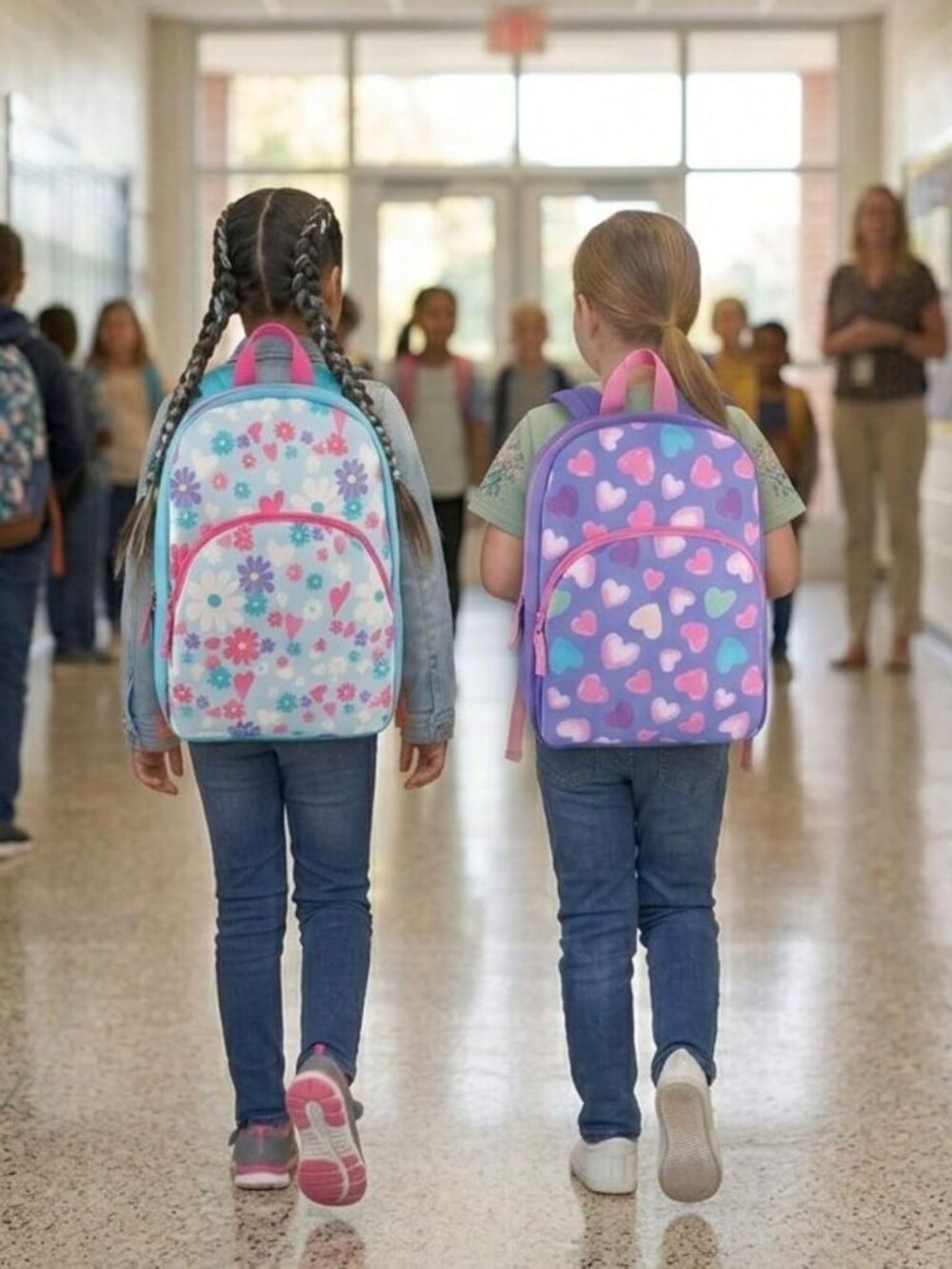 15" Pastel Hearts Backpack Kids School Book Bag Front Pocket Adjustable Straps - Picture 4 of 6